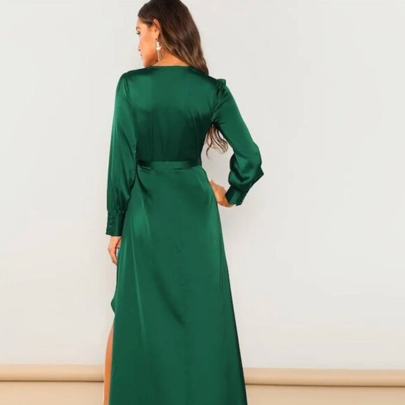 V-Neck Belted Wrap Asymmetric Party Maxi Dress - Picture 3 of 4